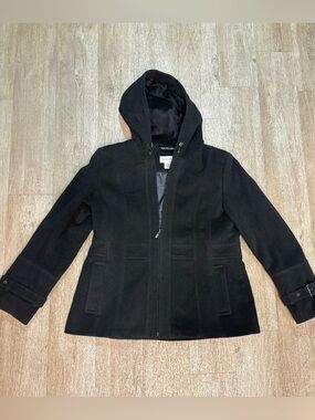 ST JOHNS BAY BLACK HOODED WOOL/CASHMERE WOMENS COAT SIZE L